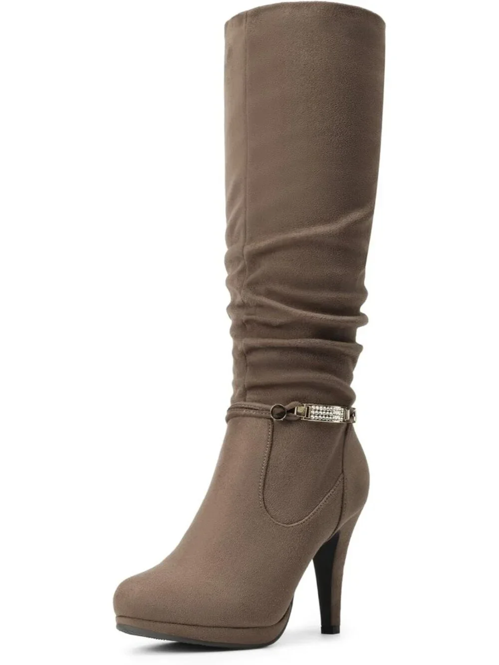 Women's Natural Stiletto Heel Rhinestone Chain Side Zipper Knee High Boots